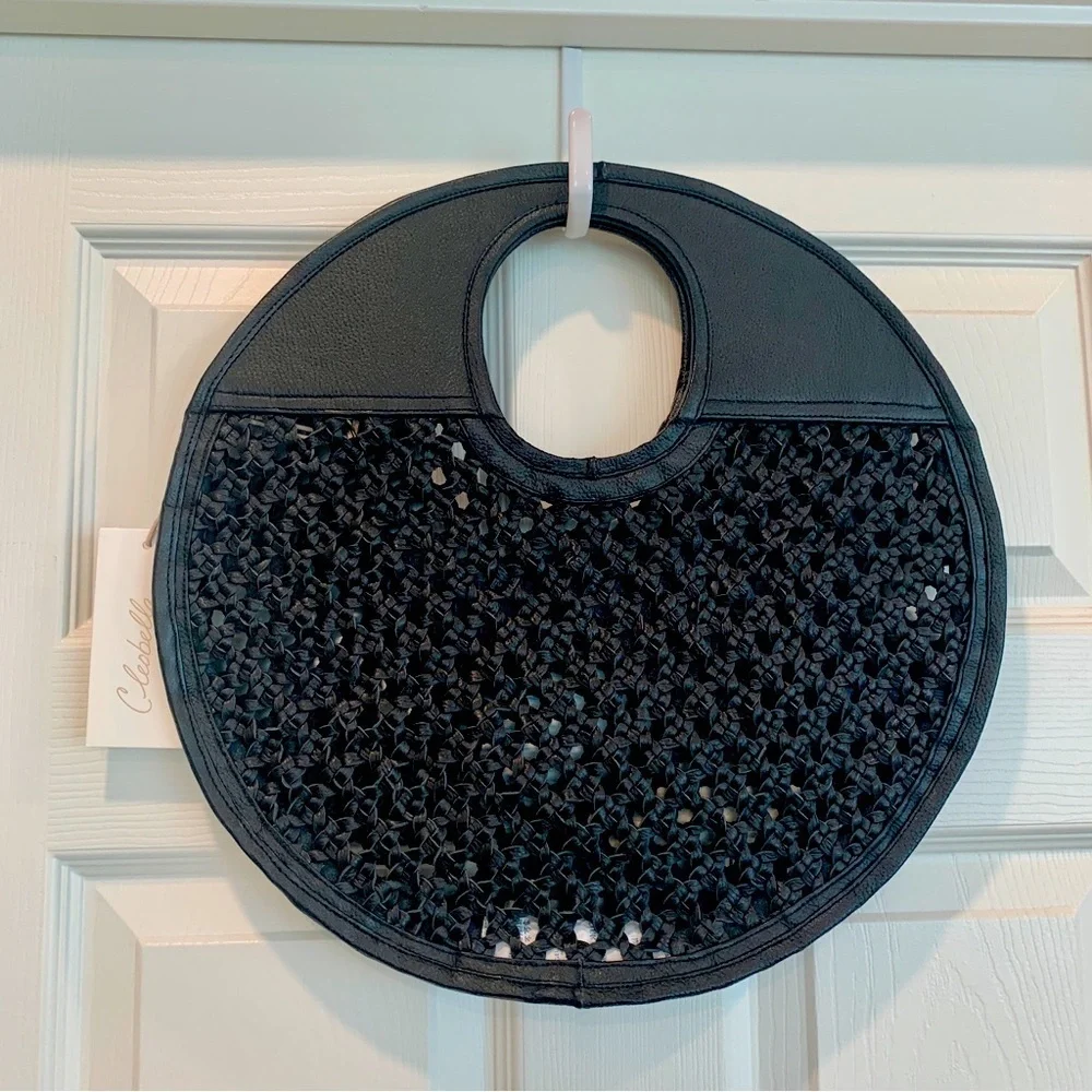 🌞 Cleobella Black Real Leather Macrame Round Circle Tote Bag